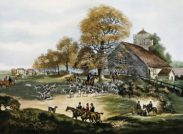 Fox hunting in Surrey, great Britain, 1824 (colour litho)