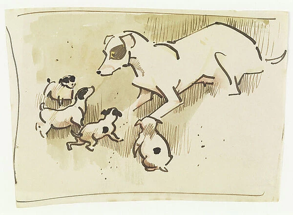 Fox Terrier and Puppies (pen & wash on paper)