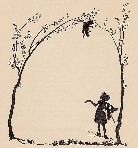 A fox tied by his paws to two hazel trees. Illustration by Arthur Rackham from Grimm's Fairy Tale, The Wonderful Musician