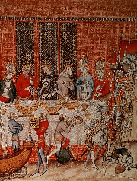 Fr 2813 f. 473 Banqueting scene, from the Grandes Chroniques de France, 1375-79 (vellum)
