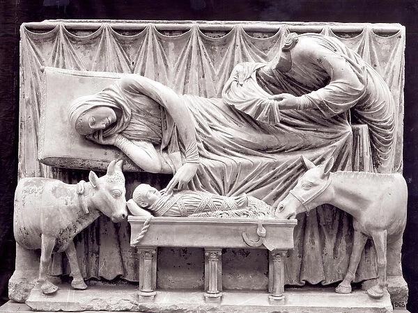 Fragment of the rood-screen depicting the Nativity, from the Crypt (stone) (b  /  w photo)