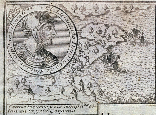 Francisco Pizarro and his comrades at Gorgona, 1726 (engraving)