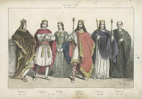 Frankish kings and queens of the Merovingian dynasty (coloured engraving)