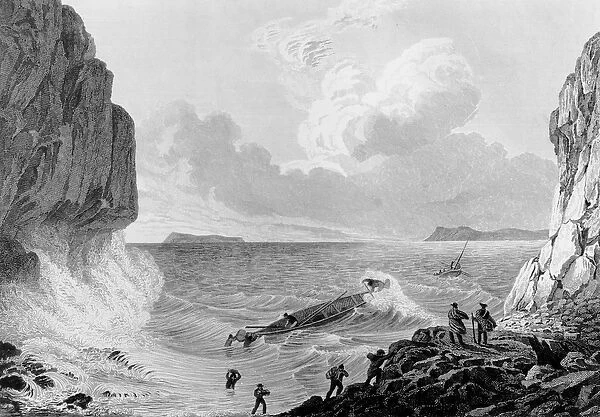 Franklins expedition landing in a storm, 1821 (engraving)