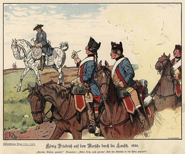 Frederick the Geat of Prussia on the march across Lausitz (colour litho)