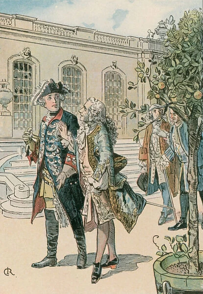 Frederick the Great (1712-1786) in conversation with the French philosopher, Voltaire (1694-1778) (colour litho)