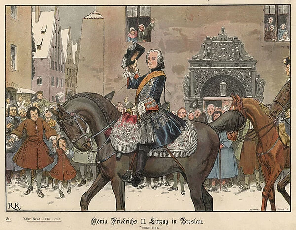Frederick the Great entering Breslau, 1741 (colour litho)