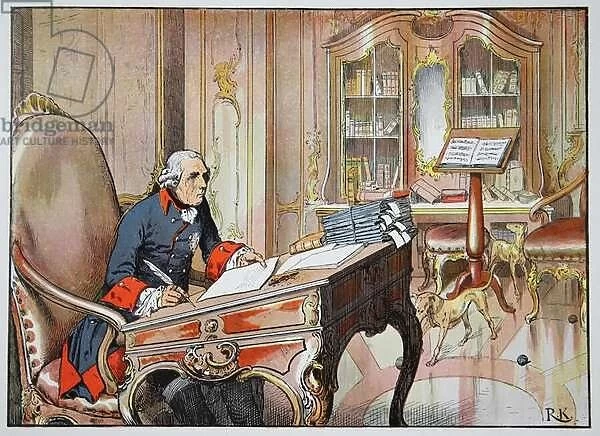 Frederick the Great in his office at Sanssouci (colour litho)