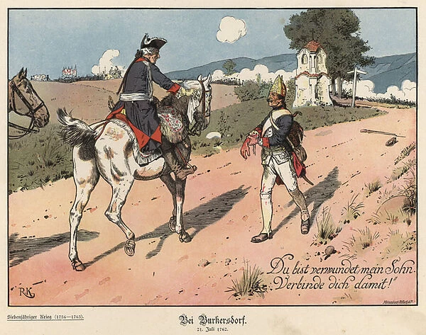 Frederick the Great of Prussia at Burkersdorf (colour litho)