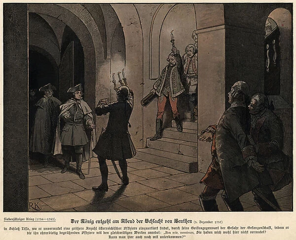 Frederick the Great of Prussia on the evening after the Battle of Leuthen (colour litho)