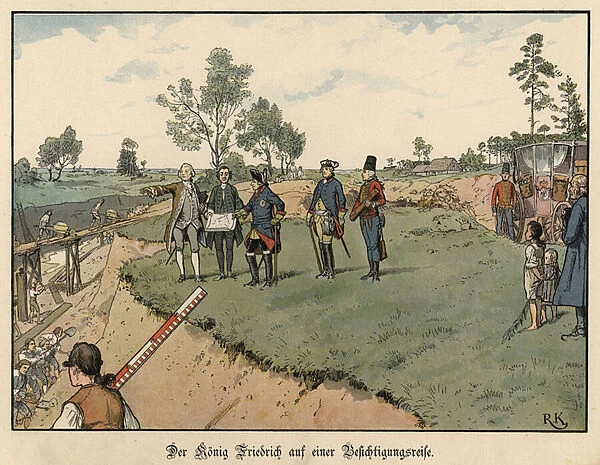 Frederick the Great of Prussia inspecting civil engineering works (colour litho)