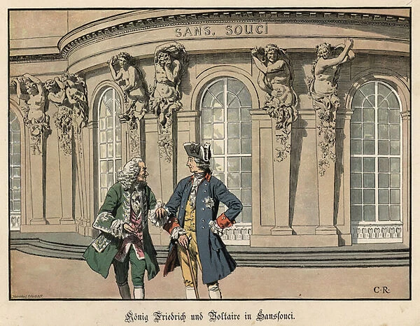Frederick the Great and Voltaire at Sanssouci (colour litho)