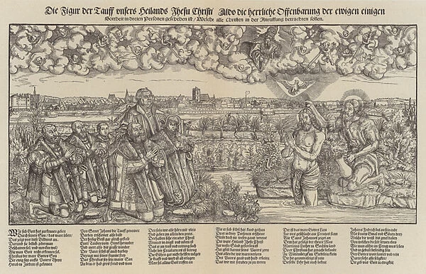 Frederick III, Elector of Saxony and Martin Luther witnessing the baptism of Christ (engraving; )