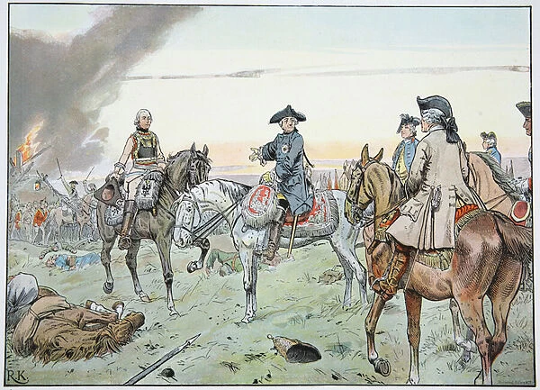 Frederick and Seydlitz at the Battle of Zorndorf on the 25th August 1758 (colour litho)