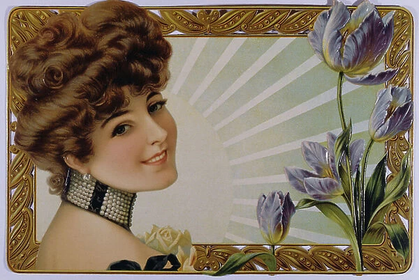 French art-deco, postcard depicting a young woman, 1900