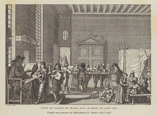 French boys school during the reign of Louis XIII (litho)