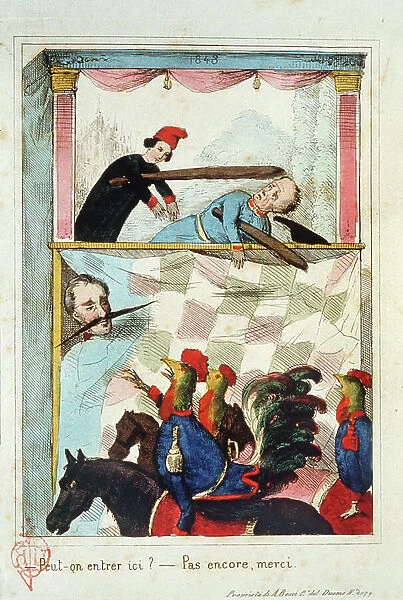 French cartoon on the events of 1848 in Europe: two puppets, one of which seems to be a guignol of the Neapolitan theatre and the other is Emperor Ferdinand I of Austria, beat each other