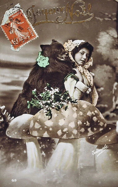 French Christmas card showing girl with bear and mushrooms, 1900