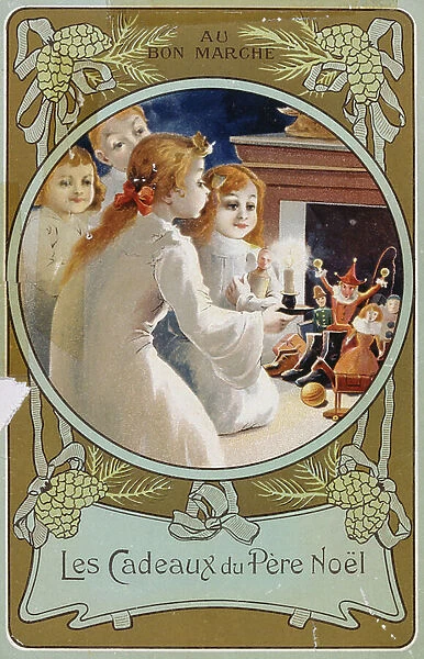French Christmas card showing girls with a candle on Christmas Eve, 1900