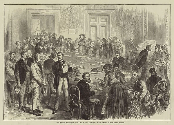 The French Emigration from Alsace and Lorraine, Paris Offices of the Relief Society (engraving)