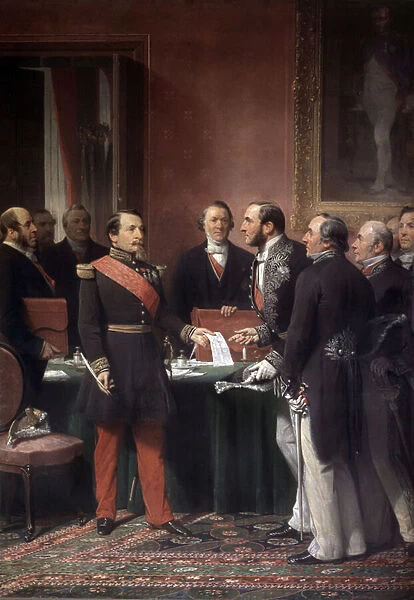 French emperor Napoleon III giving to Baron Haussmann decree on annexation of suburban towns in Paris in June 1859, 1865 (oil on canvas)