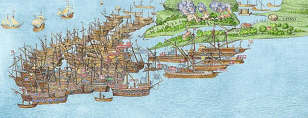 The French fleet becalmed and the attack on the Isle of Wight, 1545 (detail), (litho)