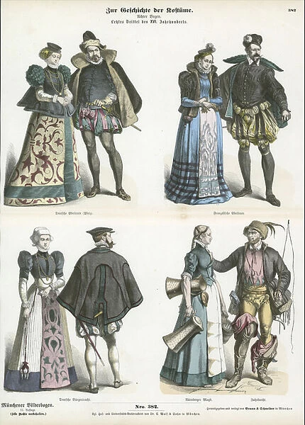French and German costumes, late 16th Century (coloured engraving)
