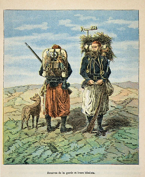 French and Germans, anecdotal history of the War of 1870-1871, 1888, illustration by Georges Hardouin (1846-1893) also says Dick de Lonlay: Zouave of the Guard and their trinkets in 1870 - private collection
