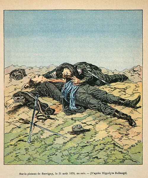 French and Germans, anecdotal history of the War of 1870-1871, 1888, illustration by Georges Hardouin (1846-1893) also says Dick de Lonlay: The dead on the Servigny plateau on 31 August 1870 - private collection