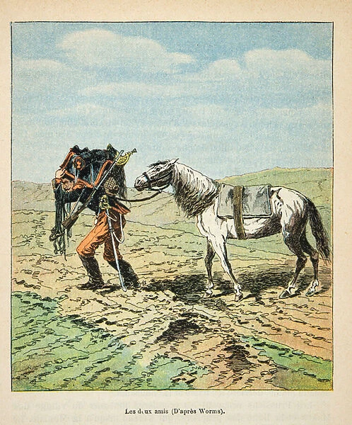French and Germans, anecdotal history of the War of 1870-1871, 1888, illustration by Georges Hardouin (1846-1893) also says Dick de Lonlay: Horseman relieving his mount in 1870 - private collection