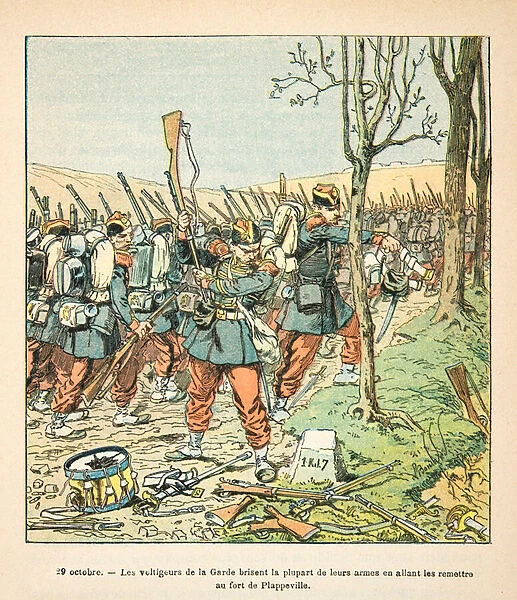 French and Germans, Anecdotal History of the War of 1870-1871, 1888, illustration by Georges Hardouin (1846-1893) also says Dick de Lonlay: The guard voltigers broke their weapons by going to hand them over to Fort Plappeville on 29 October 1870