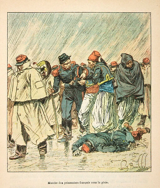 French and Germans, anecdotal history of the War of 1870-1871, 1888, illustration by Georges Hardouin (1846-1893) also says Dick de Lonlay: March of the French prisoners under the rain after the surrender in 1870 - private collection