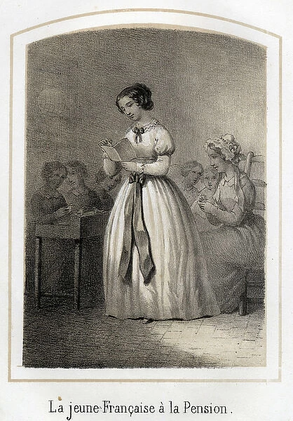 The French girl reads to her classmates. Anonymous engraving of the 19th century