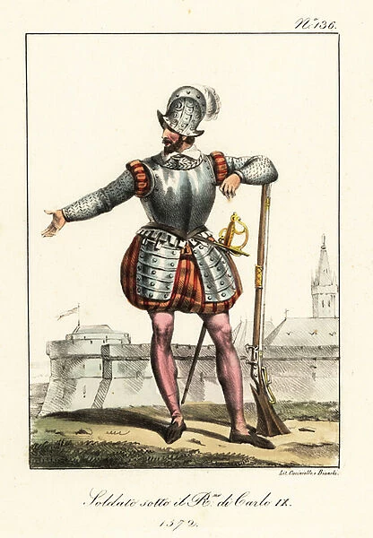 French infantry soldier in the reign of King Charles IX, 1572. 1825 (lithograph)