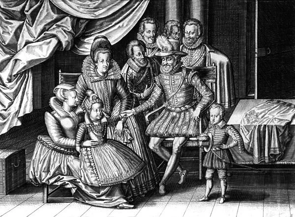 French king Henri IV with his wife Marie de Medicis and 2 of their children : the future Louis XIII and Elizabeth, engraving by Leonard Gaultier and Le Clerc, c. 1605