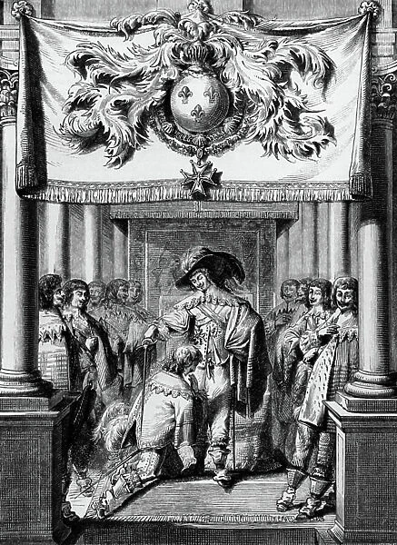 French King Louis XIII and knights, engraving by Abraham Bosse for the frontispice of book 'Les noms, nicknames, qualites, armes et coats of arms de chevaliers de l'ordre du St Esprit crees par Louis XIII a Fontainebleau le 14 mai 1633' 19634