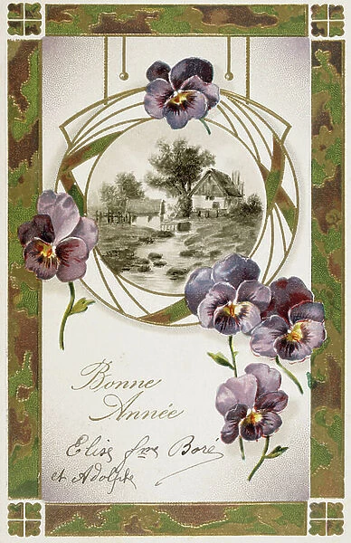 French new year postcard depicting a cottage set amongst flowers, 1900