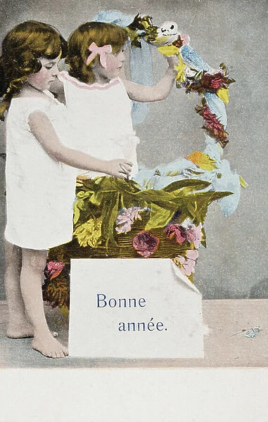 French new year postcard depicting two young girls, with a basket of flowers, 1900