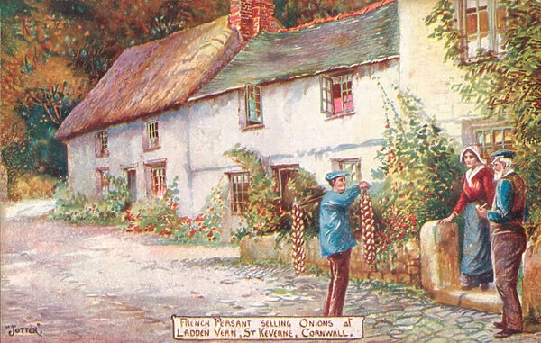 French onion seller, Ladden Vern, St Keverne, Cornwall (colour litho)