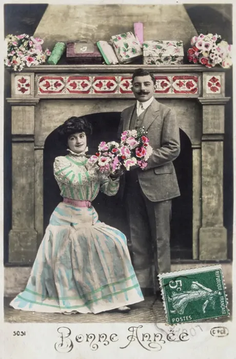 Framed Print : French postcard dated circa, 1900, showing romantic couple sharing flowers