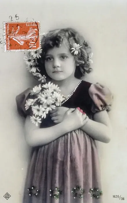 Framed Print : French postcard dated circa, 1900, showing a young girl with flowers