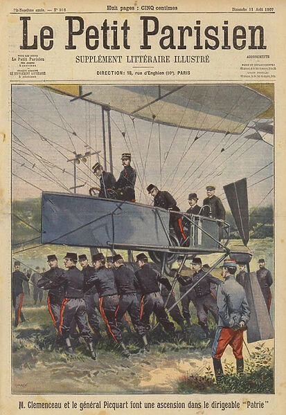 French Prime Minister Georges Clemenceau and Minister of War General Georges Picquart making an ascent in the military airship Patrie (colour litho)