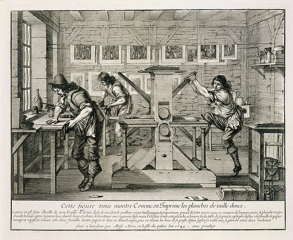 French printing press, 1642 (engraving)