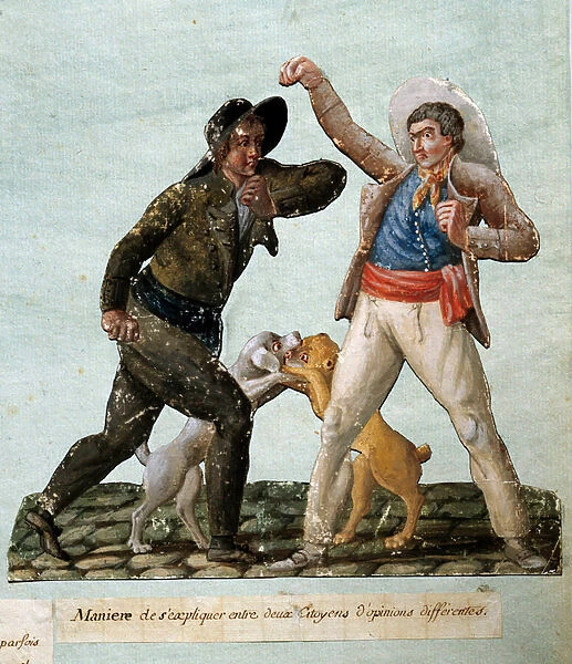 French revolution: two citizens fighting. Gouache des freres Lesueur (18th century), 18th century. Musee Carnavalet, Paris