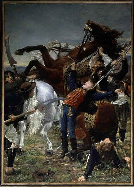 French Revolution: 'Death of Joseph Bara (1779-1793)'Joseph Bara or Barra (1780-1793) was a hero child of the French Revolution who fought in Vendee for the Republic. Painting by Jean Joseph Weerts (1849-1927) 1883 Sun