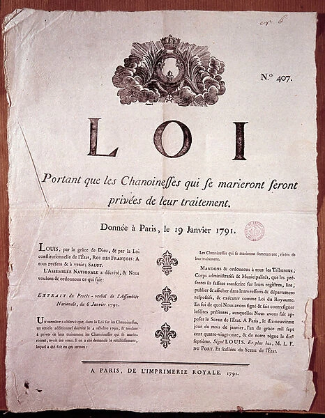 French Revolution: poster on law no. 407 on the marriage of canonesses of 19  /  01  /  1791