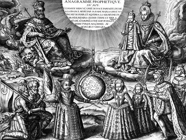 French royal family in 1607 (propaganda) : French king Henri IV and his wife queen Marie de Medicis holding their daughter Christine; bottom : their other children : the future Louis XIII, Elisabeth and Henriette-Marie