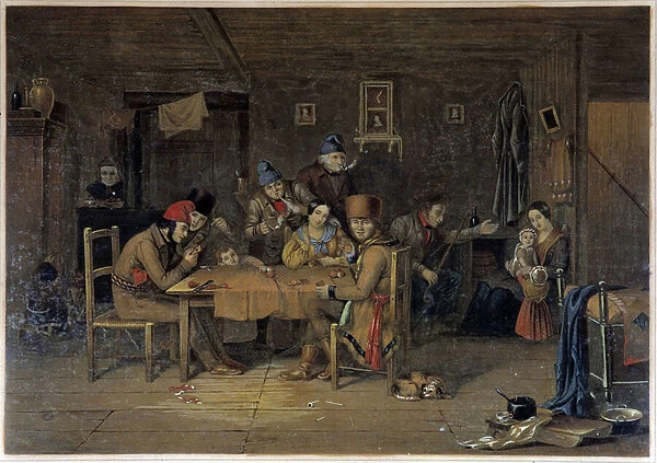 French settlers in Canada playing cards - painting by Krieghoff, 19th century
