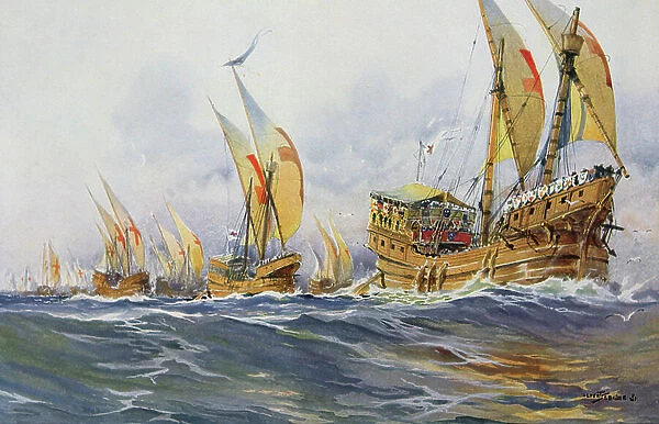 French ships of Saint-Louis during the Eighth Crusade in 1268 (colour litho)