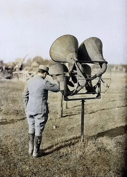 French soldier with an acoustic listening device capable of tracking aeroplanes